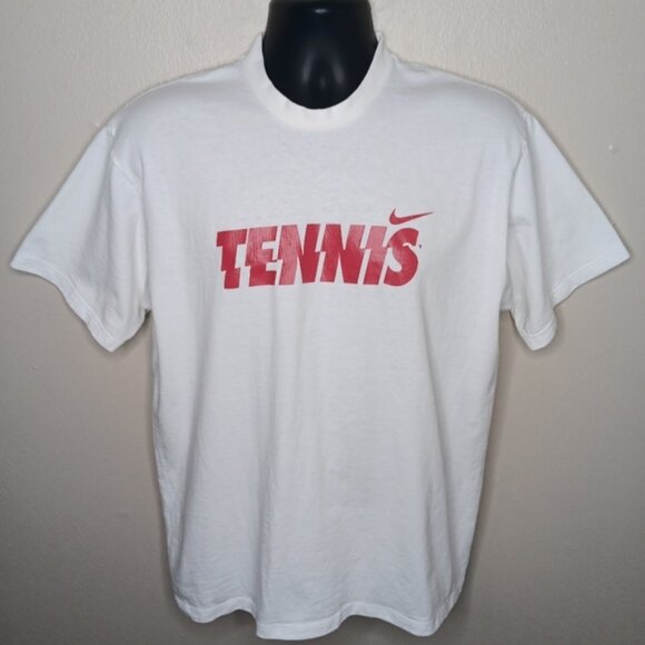 Vintage Y2K Nike Tennis Men's Medium T-shirt White Spell Out Swoosh Tee Cotton - Picture 1 of 7